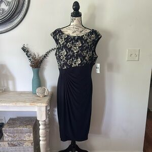 NWT Connected Apparel Navy Embroidered Faux Wrap Cocktail Dress Women's size 16