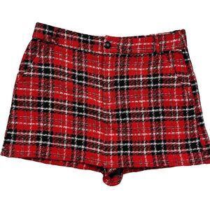 Zara Women's Red Plaid Tweed Skort XL High Waist with Side Pockets