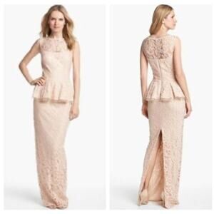 Tadashi Shoji Light Pink Floral Lace Peplum Waist Sleeveless Gown Sz.8 NWT