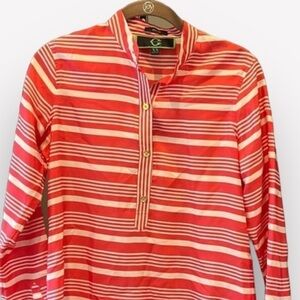 🛼 🍕C Wonder Striped 100% Silk Blouse Half Button Pink White Long Sleeve XS