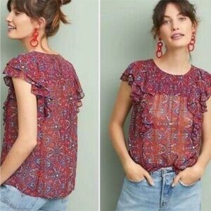 Anthropologie Meadow Rue Majolica Sleeveless Shirred Ruffle Blouse Red Blue