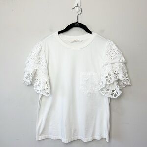 Anthropologie Forever That Girl Eyelet Sleeve TShirt White Pocket Ruffle Flutter