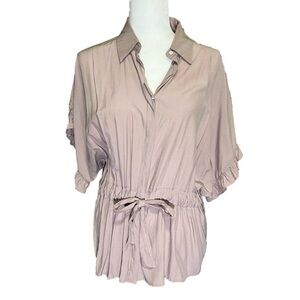 GLAM taupe tan short sleeve tunic top ruffles and cinched tie at waist S/Small