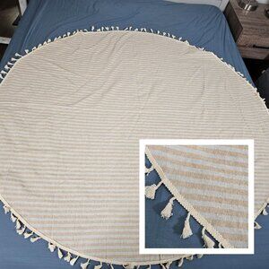 Round Tablecloth Table Cloth Cover Cloth Beige White Striped Tassel Fringe 59"