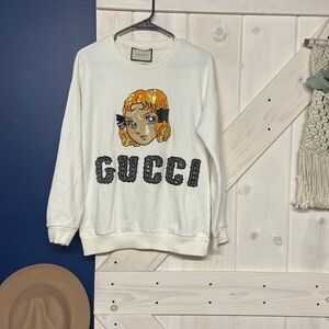 GUCCI X Chikae Ide Manga White Embroidered Sequined Crewneck Sweatshirt Small