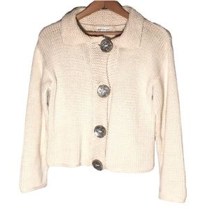 CARAVAN | Women’s Vintage Cream Cardigan Stamped Metal/Wood Buttons size Small