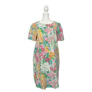 Vintage Chiha 1960s Bright Floral Scalloped Edge Zipper Pocket Midi House Dress