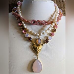 Victorian Darling Pink Fire Opal, Crystals, Porcelain & Pearl Layered Necklace