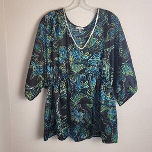 Metro 7 Women's Tunic Top Turquoise and Black Abstract Floral Plus Size 18W/20W