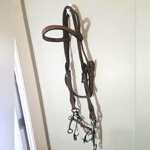 Bridle, bit, chin strap, leather, horse size