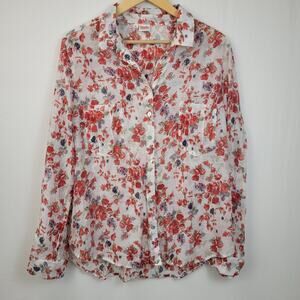 Tianello Button Up Shirt Top Size XL White Red Floral Cottagecore Lightweight