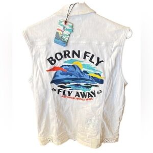 NWT!! Born Fly Mens White Button Down Fly Off The Grid Patchwork Vest Size Small