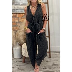 Oli & Hali Washed Black Cotton Sleeveless Hooded Jumpsuit