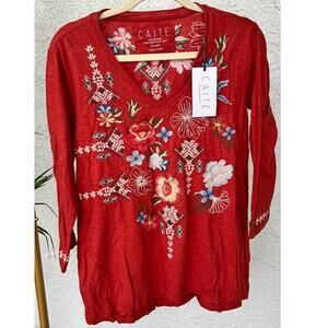 NWT Anthropology by Caite Red Arabella Top Tees Size Small Embroidery