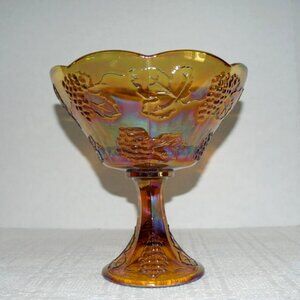 Vintage AMBER CARNIVAL GLASS PEDESTAL BOWL with Grapes IRIDESCENT 8-1/4" High