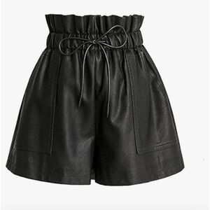 High Waisted Wide Leg Black Faux Leather Shorts