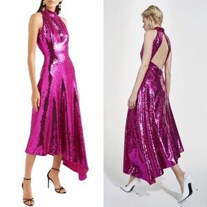 Rasario Dress Asymmetric Sequined Midi Cutout Open-Back Black-Tie Magenta 4 GUC