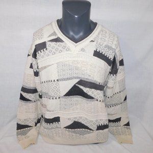 Vintage London Fog Mens L Gray Cream V Neck 3D Textured Grandpa Dad Sweater