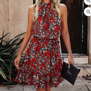 Women Floral Printed Halter Neck Ruffle A-Line Mini Dress Size M