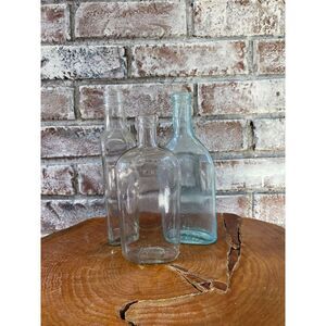 Vintage Set of 3 Decorative Farm House 6.5in,  7.5in & 8in Glass Liquor Bottles