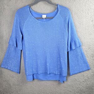 Sioni Studio Tunic Top Womens XL Blue Sequined Knit Tiered Bell Sleeve