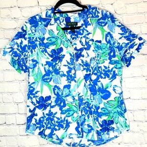 LAUREN By Rl Embroidered Blue Floral Top 100% Cotton Sz Medium