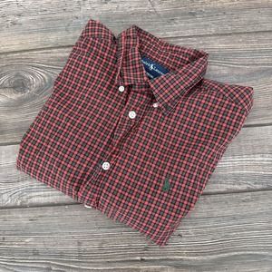 Ralph Lauren Boys Long Sleeve Button Up Red Green Plaid Shirt Size Large (16/18)