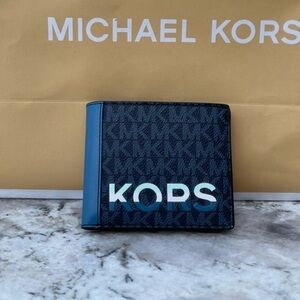 Michael Kors Cooper Blue Multi Signature Leather Graphic Logo Billfold Wallet