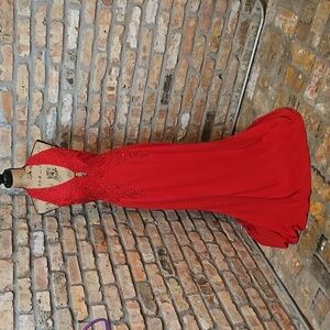 Niki by Niki Livas red halter style open back maxi gown size 16