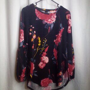 Lildy Tunic Shirt S M Women Long Bishop Sleeve Floral Black Red