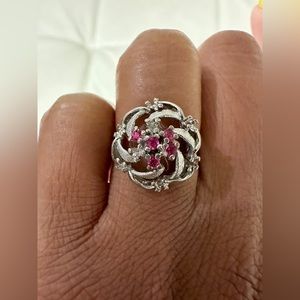 Vintage Inspired Silver and Pink Crystal Flower Ring 6