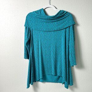 Tianello Steve Barraza Tunic Top Size L Teal Blue Textured Cowl Drape Neck USA