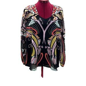 Tribal Blouse Ruched Sleeves Multi-Color Allover Design