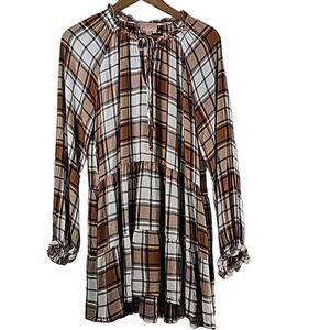 Show Me Your MuMu Birdie Sz M Brown Fairy Plaid Tiered V-neck Pockets Mini Dress