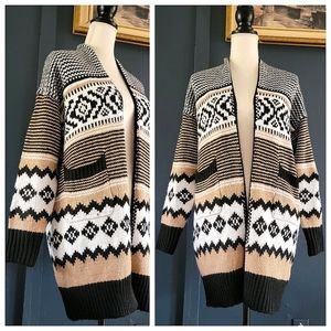 Vici Open Front Long Thick Knitted Cardigan Sweater Medium Aztec Print