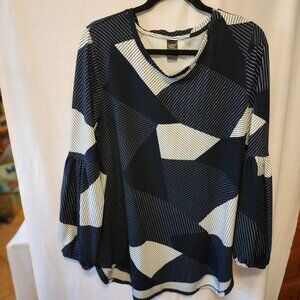 LILDY NAVY & WHITE GEOMETRIC PRINT SWEATER TUNIC BISHOP SLEEVES L-XL