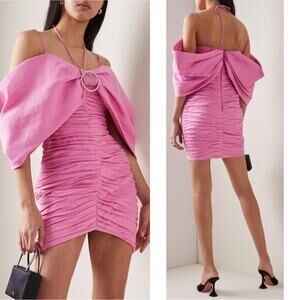 Rasario Pink Bow Embellished Draped Off the Shoulder Linen Mini Dress Size 2