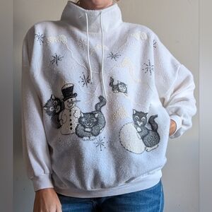 Vintage Country Romance White Winter Cats Sweater, Size L