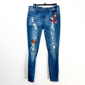 Hot Kiss Patch Skinny Jeans Juniors 13 Blue Y2K Patches Mid Rise Stretch Ripped