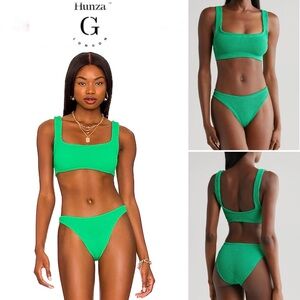 HUNZA G + NET SUSTAIN Xandra Crinkle Two-Piece Swimsuit OS in Emerald Green NWT