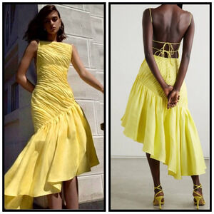 Rasario Yellow Asymmetric Draped Formal Midi Dress Ruffles Pleated 12 44 New Nwt