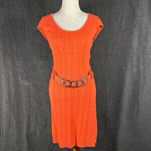 Milly of NY sz M cap sleeve orange Belted cable knit sweater dress