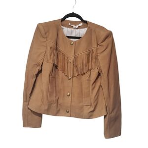 Veronica Beard suede fringe jacket snap buttons western size 12 tan boho