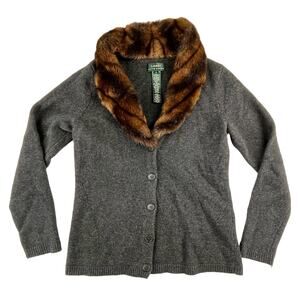 OLGA | Ralph Lauren S Faux Fox Fur Collar Wool Cashmere Blend Gray Cardigan