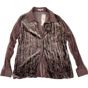 💧2 for $20! NWT Plus Size 1X Brown Velvet Sheer Y2K Long Sleeve Crinkle Top