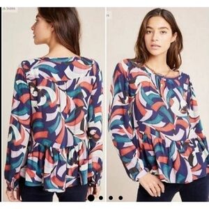 Anthropologie Maeve Cheyenne Peplum Blouse Womens Sz M Long Sleeve Bird