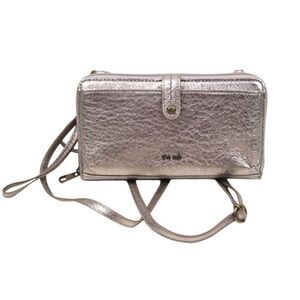 THE SAK ANTIQUE SILVER GENUINE LEATHER XBODY ORGANIZER SHOULDER BAG PURSE CLUTCH