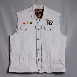 Born Fly Vest Mens 2X White Denim Sleeveless Button Down Moto Biker Streetwear