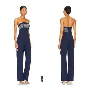 CAMILA COELHO Indigo Jumpsuit Navy Blue Rhinestone Fringer Strapless Small