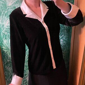 Black Velvet Long Sleeve Button Up Blouse with white collar and hand cuffs